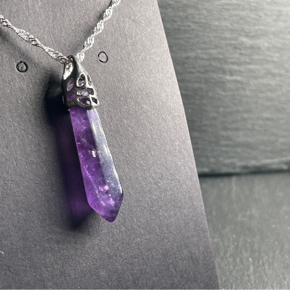 Amethyst Crystal Pendant Necklace Silver Chain